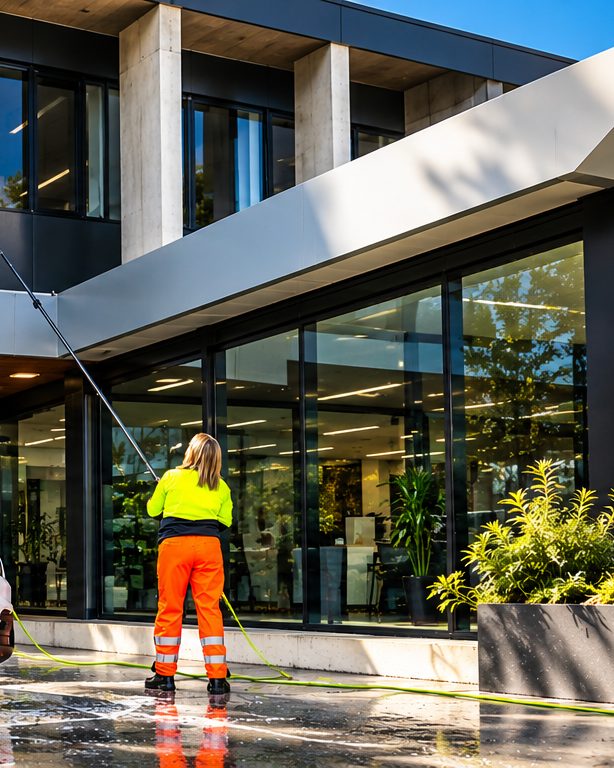 ProWash technician washing a commercial building